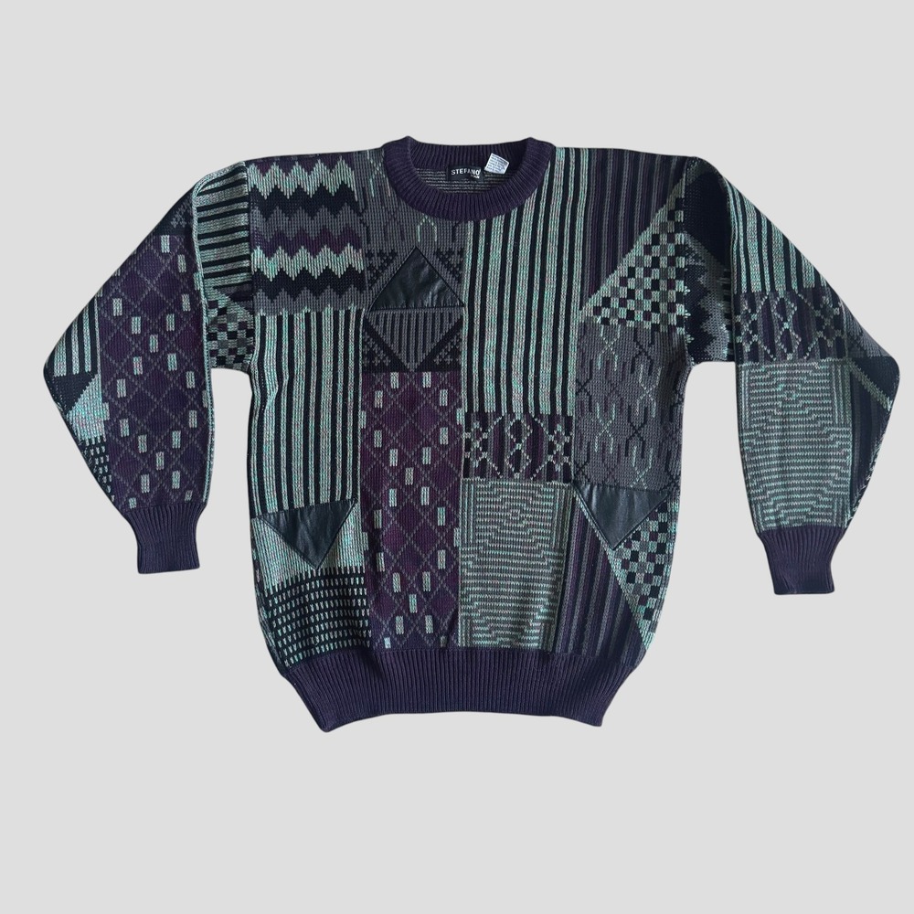 Stefano Man Vintage 90s Geometric Patchwork Knit Sweater Large Grandpa coogi